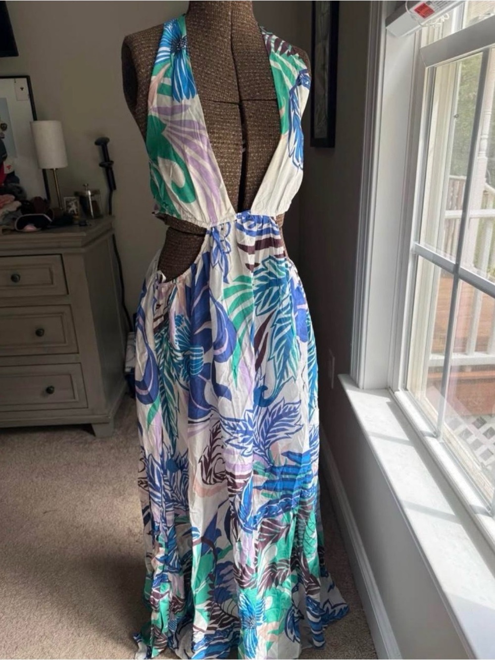 Anthropologie Backless Halter Maxi Dress in Blue, Green & Lilac Floral